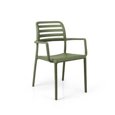 Nardi Costa Outdoor Resin Dining Chair in Agave Green. A sleek and durable Italian-designed chair made from weather-resistant fiberglass resin, featuring a slatted backrest, integrated armrests, and a lightweight yet sturdy structure perfect for outdoor dining spaces.