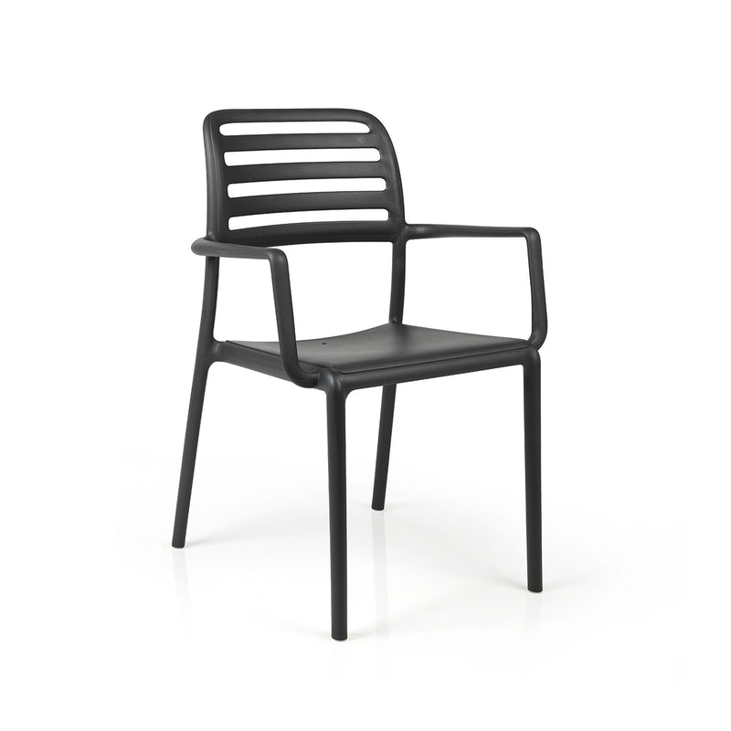 Nardi Costa Outdoor Resin Dining Chair in Anthracite Black. A sleek and durable Italian-designed chair made from weather-resistant fiberglass resin, featuring a slatted backrest, integrated armrests, and a lightweight yet sturdy structure perfect for outdoor dining spaces.
