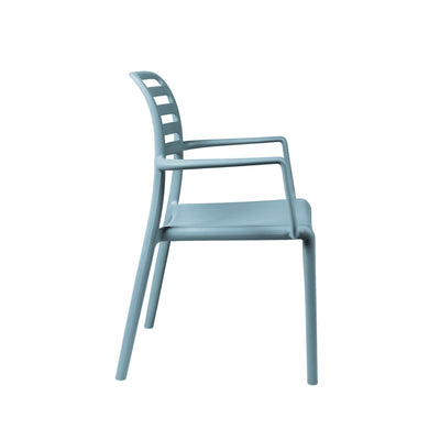 Nardi Costa Outdoor Resin Dining Chair in Celeste blue. A sleek and durable Italian-designed chair made from weather-resistant fiberglass resin, featuring a slatted backrest, integrated armrests, and a lightweight yet sturdy structure perfect for outdoor dining spaces.