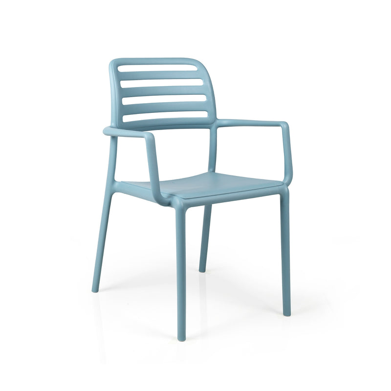 Nardi Costa Outdoor Resin Dining Chair in Celeste blue. A sleek and durable Italian-designed chair made from weather-resistant fiberglass resin, featuring a slatted backrest, integrated armrests, and a lightweight yet sturdy structure perfect for outdoor dining spaces.