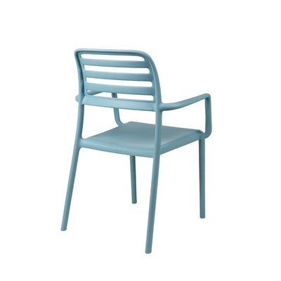 Nardi Costa Outdoor Resin Dining Chair in Celeste blue. A sleek and durable Italian-designed chair made from weather-resistant fiberglass resin, featuring a slatted backrest, integrated armrests, and a lightweight yet sturdy structure perfect for outdoor dining spaces.