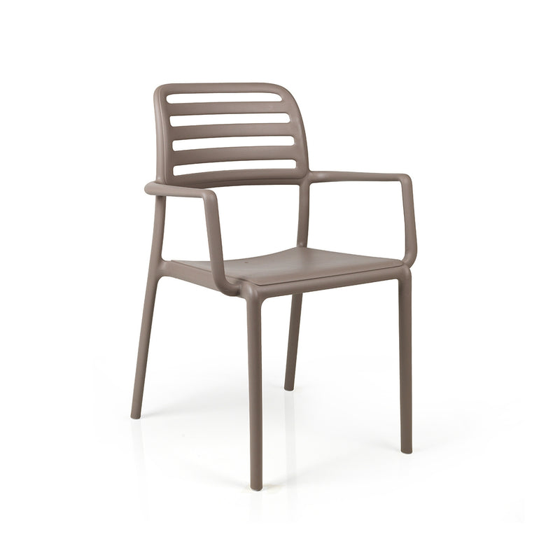 Nardi Costa Outdoor Resin Dining Chair in Tortora. A sleek and durable Italian-designed chair made from weather-resistant fiberglass resin, featuring a slatted backrest, integrated armrests, and a lightweight yet sturdy structure perfect for outdoor dining spaces.