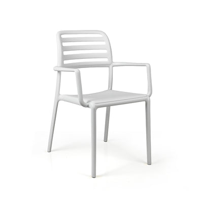 Nardi Costa Outdoor Resin Dining Chair in Bianco White. A sleek and durable Italian-designed chair made from weather-resistant fiberglass resin, featuring a slatted backrest, integrated armrests, and a lightweight yet sturdy structure perfect for outdoor dining spaces.
