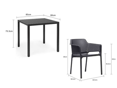 A black resin Nardi outdoor dining set, perfect for alfresco furniture setups, displayed on a plain white background, viewed from a front angle. The measurements of the furniture are labelled clearly.