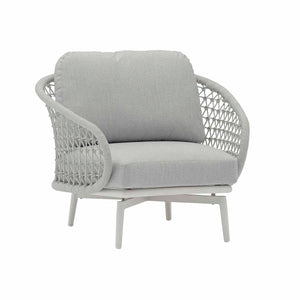 Light-grey rope 'Chelsea' outdoor armchair, displayed on a plain white background, viewed from a front angle.