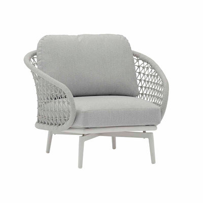 Light-grey rope 'Chelsea' outdoor armchair, displayed on a plain white background, viewed from a front angle.