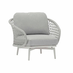 Light-grey rope 'Chelsea' outdoor armchair, displayed on a plain white background, viewed from a front angle.
