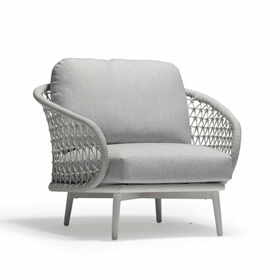Light-grey rope 'Chelsea' outdoor armchair, displayed on a plain white background, viewed from a front angle.