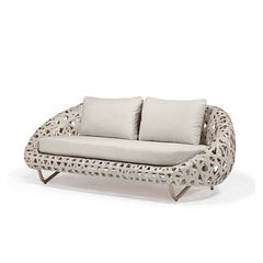 Beige wicker 'Rhodes' 2 seater outdoor lounge, perfect for enhancing outdoor living, displayed on a plain white background, viewed from a front angle.
