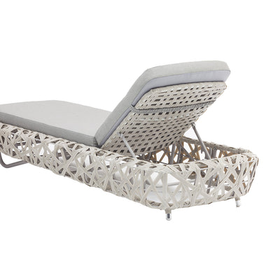 Beige wicker 'Rhodes' sun lounger, perfect for enhancing outdoor living spaces, displayed on a plain white background, viewed from a back angle.