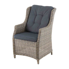 Brown wicker 'Darwin' outdoor dining chair, great for balcony relaxing, displayed on a plain white background, viewed from a front angle.