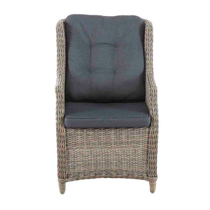 Brown wicker 'Darwin' outdoor dining chair, great for balcony relaxing, displayed on a plain white background, viewed from the front.