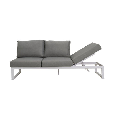 Versatile Denver outdoor furniture set, featuring a white and grey couch with pillows, aluminum outdoor lounge chair, and modular sofa options.