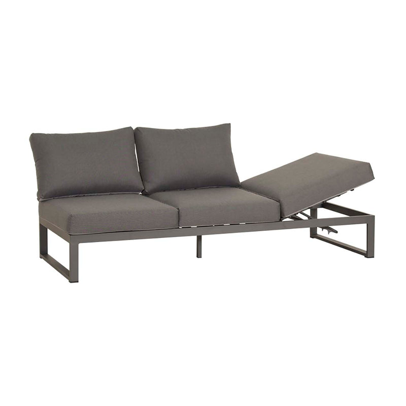 Versatile Denver outdoor furniture set, including an aluminum outdoor lounge chair, one-seater, corner, and three-seater sofa, in Charcoal or White. Current image: A couch with a chaise lounger underneath it.