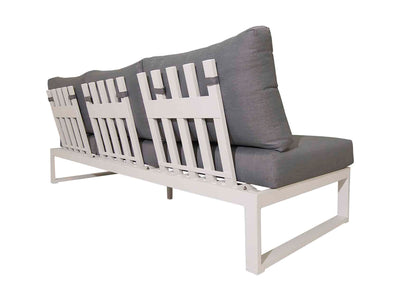 Versatile Denver outdoor furniture set in Charcoal or White, featuring aluminum outdoor lounge chair, one-seater, corner, and three-seater sofa, similar to a white bench with a gray cushion on it.