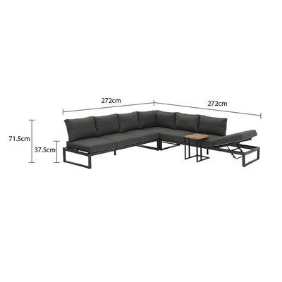 Modular Denver outdoor furniture set in Charcoal or White, including aluminum outdoor lounge chair, one-seater, corner, three-seater sofa, and a sectional couch with a coffee table on top of it.