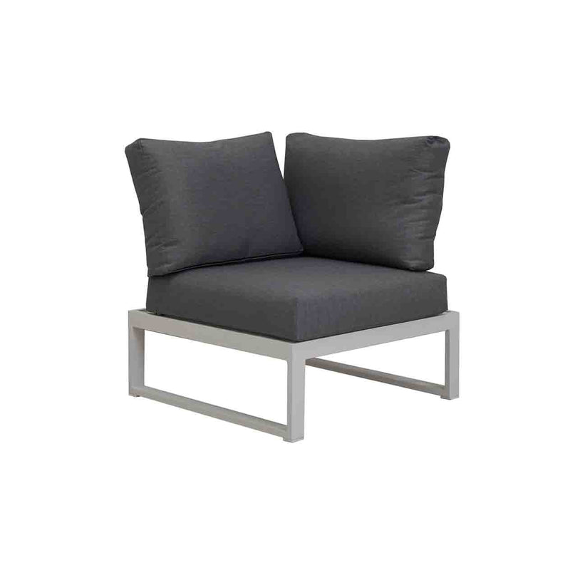 Versatile Denver outdoor furniture set, including an aluminum outdoor lounge chair, corner chair with cushion, and modular sofa.