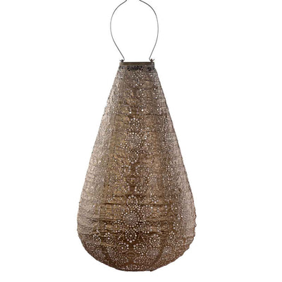 Brown teardrop-shaped 'Lumiz' 'Drop' outdoor lantern, great for bringing light to outdoor living areas, displayed on a plain white background, viewed from the front.