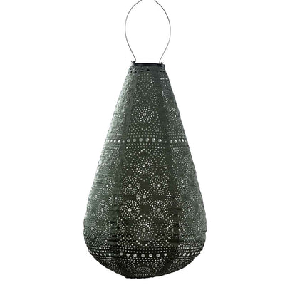 Dark-green teardrop-shaped 'Lumiz' 'Drop' outdoor lantern, great for bringing light to outdoor living areas, displayed on a plain white background, viewed from the front.