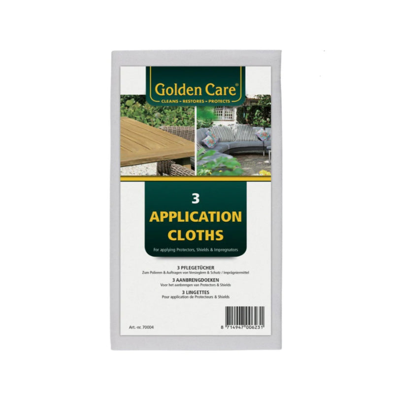 A packet of Golden Care Outdoor Applications Cloths for Applying Preventers, made for outdoor furniture setups, is displayed on a plain white background.