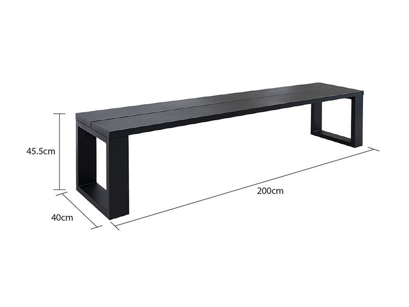 This black aluminium outdoor bench by Ferno is one of our best pieces of aluminium outdoor furniture. The bench is displayed on a plain white background, viewed from a front angle. The bench&