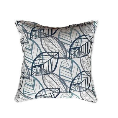 Blue, grey, and white outdoor scatter cushion with a lakeside-inspired leaf pattern design, perfect for outdoor furniture setups, displayed on a plain white background, viewed from the front.