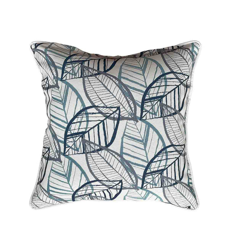 Blue, grey, and white outdoor scatter cushion with a lakeside-inspired leaf pattern design, perfect for outdoor furniture setups, displayed on a plain white background, viewed from the front.