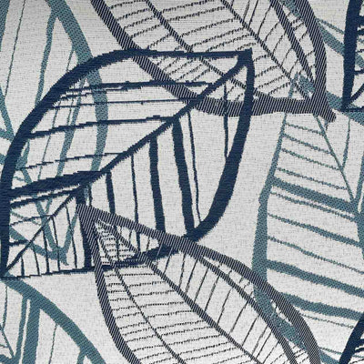 Close up on the blue, grey, and white lakeside-inspired leaf pattern design on an outdoor scatter cushion, perfect for outdoor furniture setups.