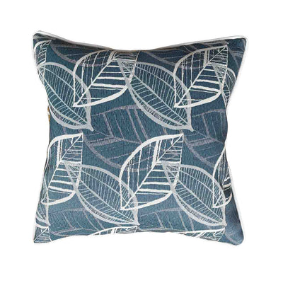 Blue, grey, and white outdoor scatter cushion with a lakeside-inspired leaf pattern design, perfect for outdoor furniture setups, displayed on a plain white background, viewed from the front.
