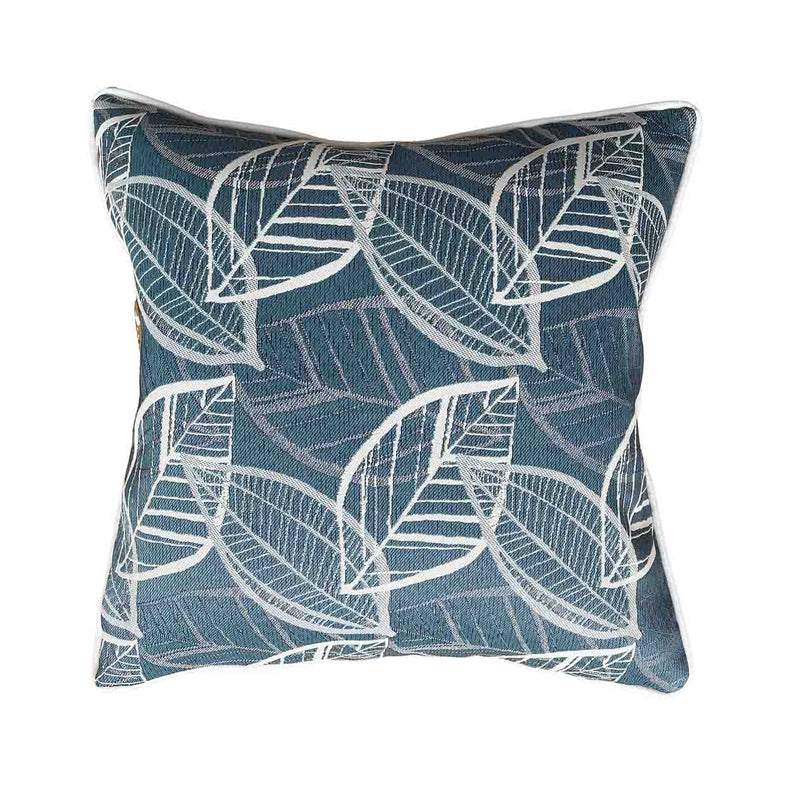 Blue, grey, and white outdoor scatter cushion with a lakeside-inspired leaf pattern design, perfect for outdoor furniture setups, displayed on a plain white background, viewed from the front.