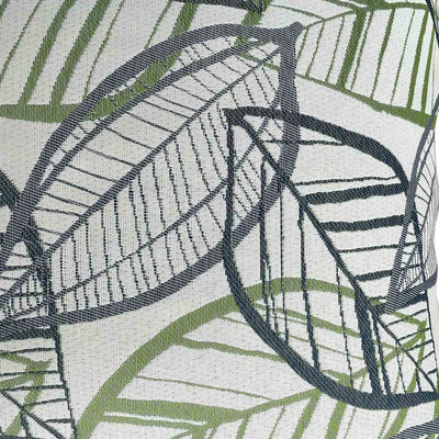 Close up on the white, grey, and green Amazon-inspired leaf pattern design on an outdoor scatter cushion, perfect for outdoor furniture setups.