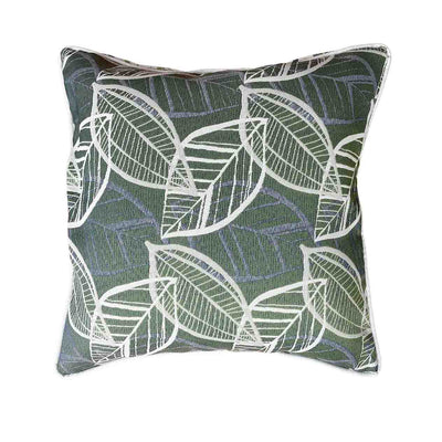 White, grey, and green outdoor scatter cushion with an Amazon-inspired leaf pattern design, perfect for outdoor furniture setups, displayed on a plain white background, viewed from the front.