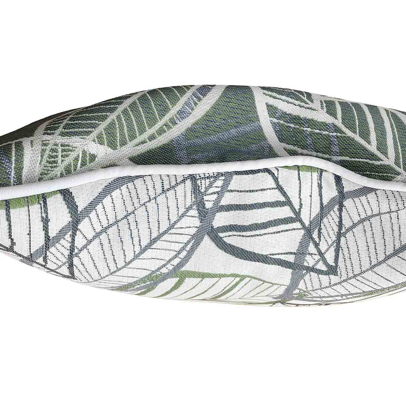 Side view of the white, grey, and green Amazon-inspired leaf pattern design on an outdoor scatter cushion, perfect for outdoor furniture setups.