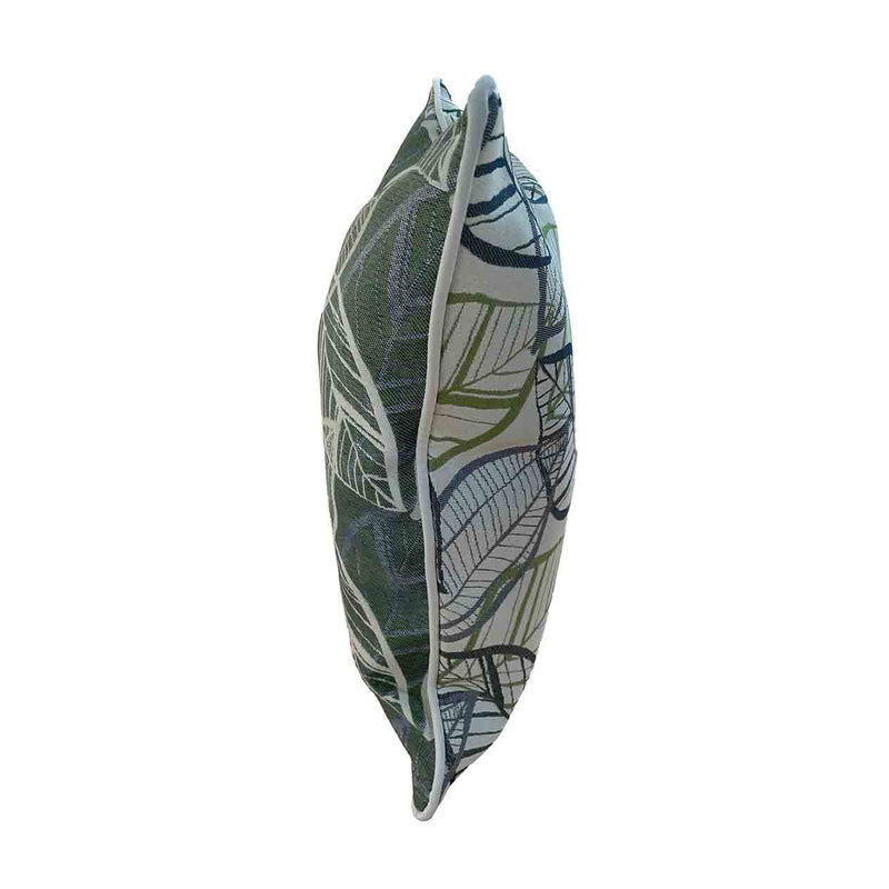 White, grey, and green outdoor scatter cushion with an Amazon-inspired leaf pattern design, perfect for outdoor furniture setups, displayed on a plain white background, viewed from the side.