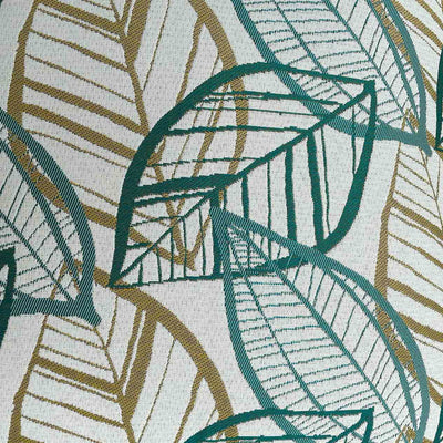 Close-up on the white, blue, and yellow Citron-inspired leaf pattern design on an outdoor scatter cushion, perfect for outdoor furniture setups.