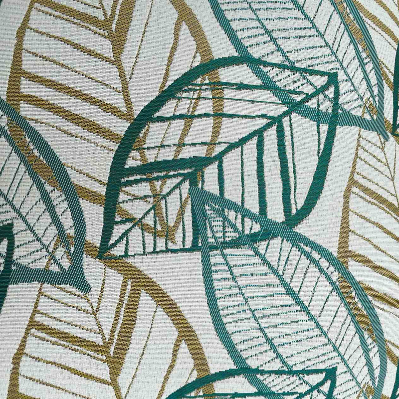 Close-up on the white, blue, and yellow Citron-inspired leaf pattern design on an outdoor scatter cushion, perfect for outdoor furniture setups.