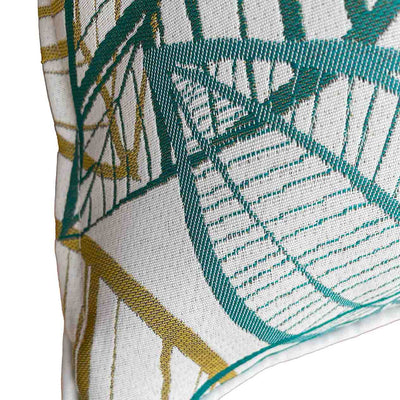 Close-up on the side of an outdoor scatter cushion featuring a white, blue, and yellow Citron-inspired leaf pattern design, perfect for outdoor furniture setups.