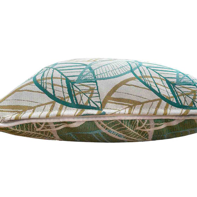 White, blue, and yellow outdoor scatter cushion with a Citron-inspired leaf pattern design, perfect for outdoor furniture setups, displayed on a plain white background, viewed from the side.