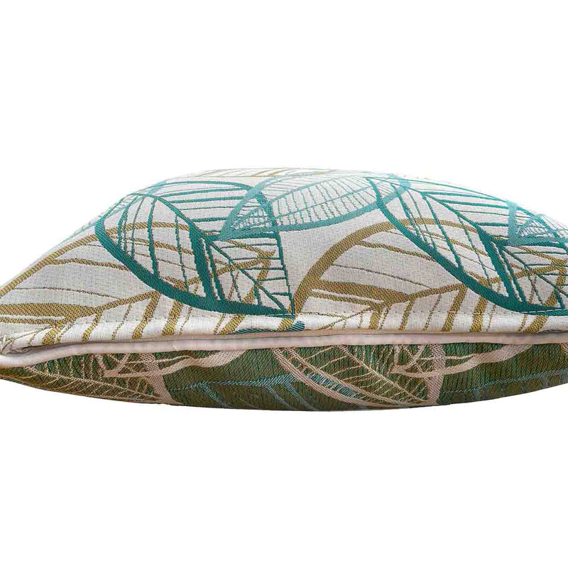 White, blue, and yellow outdoor scatter cushion with a Citron-inspired leaf pattern design, perfect for outdoor furniture setups, displayed on a plain white background, viewed from the side.