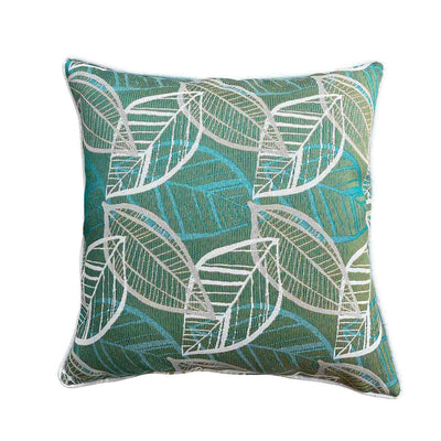 Green, blue, and white outdoor scatter cushion with a Citron-inspired leaf pattern design, perfect for outdoor furniture setups, displayed on a plain white background, viewed from the front.