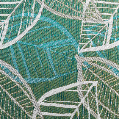 Close-up on the green, blue, and white Citron-inspired leaf pattern design on an outdoor scatter cushion, perfect for outdoor furniture setups.