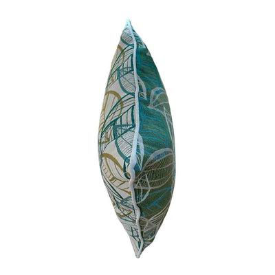White, blue, and yellow outdoor scatter cushion with a Citron-inspired leaf pattern design, perfect for outdoor furniture setups, displayed on a plain white background, viewed from the side.