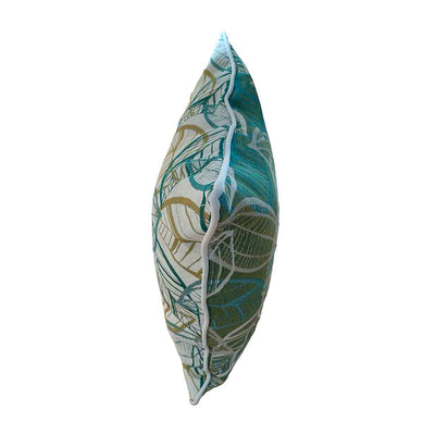 White, blue, and yellow outdoor scatter cushion with a Citron-inspired leaf pattern design, perfect for outdoor furniture setups, displayed on a plain white background, viewed from the side.