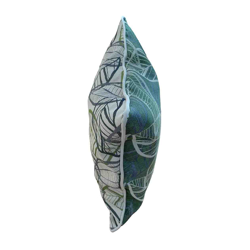 White, blue, and yellow outdoor scatter cushion with a Citron-inspired leaf pattern design, perfect for outdoor furniture setups, displayed on a plain white background, viewed from the side.