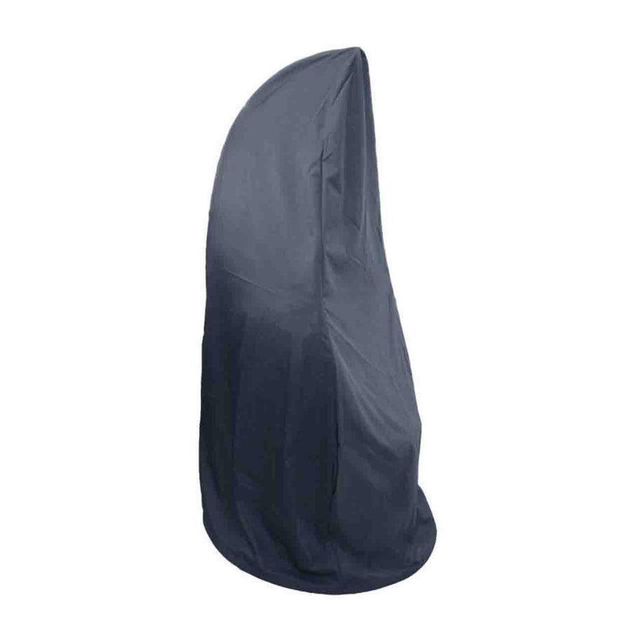 A grey outdoor furniture cover is draped over a hanging egg chair, and displayed against a plain white background.