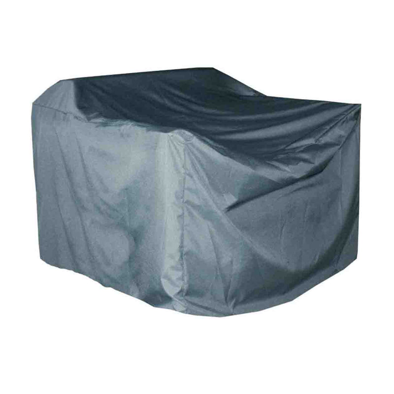 A grey outdoor furniture cover for outdoor furniture settings, sized 180 cm x 140 cm x 90 cm, is draped over outdoor furniture, and displayed against a plain white background.