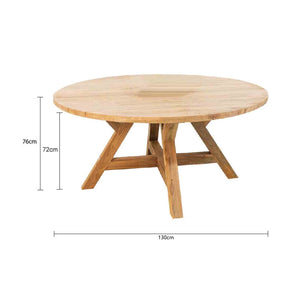 One of our round teak outdoor tables is displayed against a plain white background, viewed from the front, with its measurements displayed at 130cm wide, and 76cm tall.