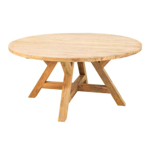 One of our round teak outdoor tables is displayed against a plain white background, viewed from the front.