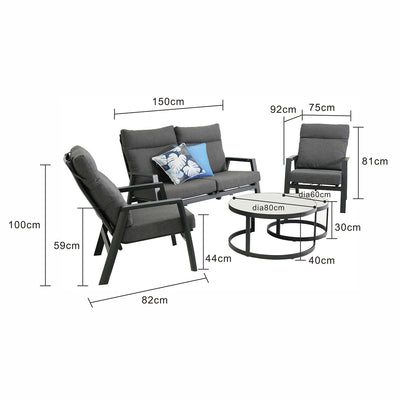 Hamilton 4 Seater Aluminium Outdoor Recliner Lounge With Ancona Coffee Table