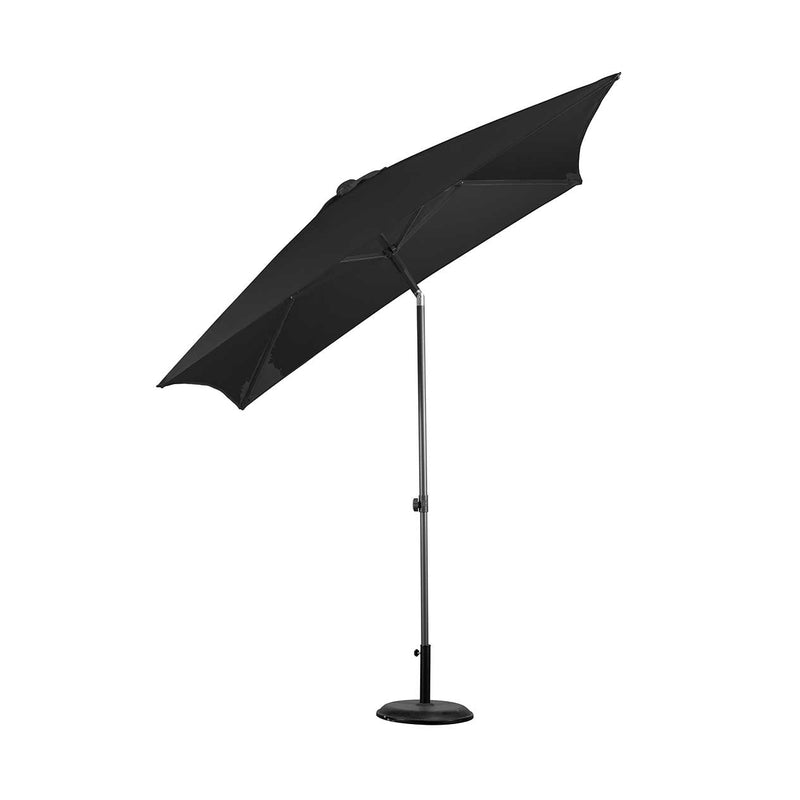 Black 250 cm hexagonal outdoor umbrella displayed on a plain white background, viewed from the side.